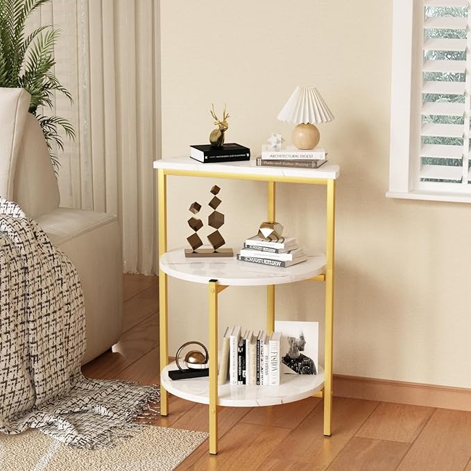 AWQM Marble Side End Table Set, 3-Tier Sofa Side Table, Small Round Coffee, Table Bedside Table of 2, Corner Table w/Metal Frame for Living Room Bedroom, White+Gold