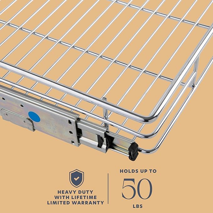 HOLDN’ STORAGE Pull Out Cabinet Organizer - Heavy Duty Steel with Smooth Slide-Out Drawers, Chrome Finish - 14" W x 17" D Basket, Fits 15.25" Cabinet Opening