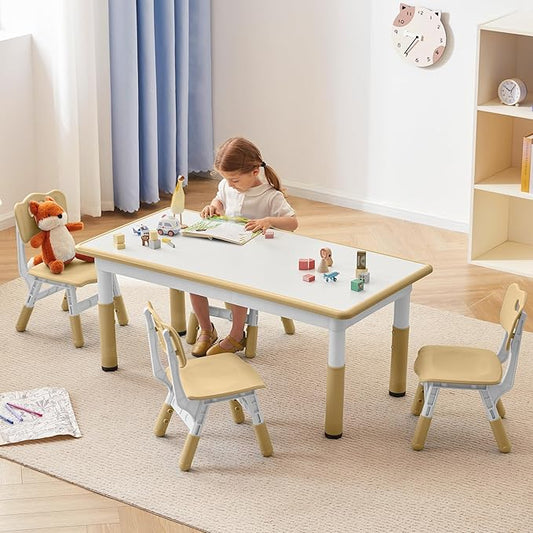 Kids Study Table and Chairs Set, Height Adjustable Toddler Table and Chair Set for Kids Ages 3-8, Graffiti Desktop (Light Brown)