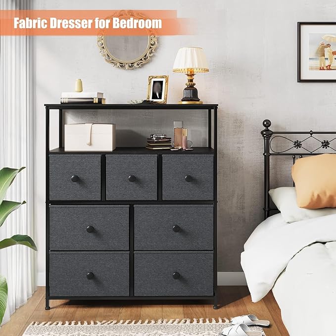 EnHomee Tv Stand for Bedroom with 7 Fabric Dressers and 2 Shelves，Dressers & Chests of Drawers for Closet，Hallway，Entryway，Dormitory，Clothes Storage，Grey