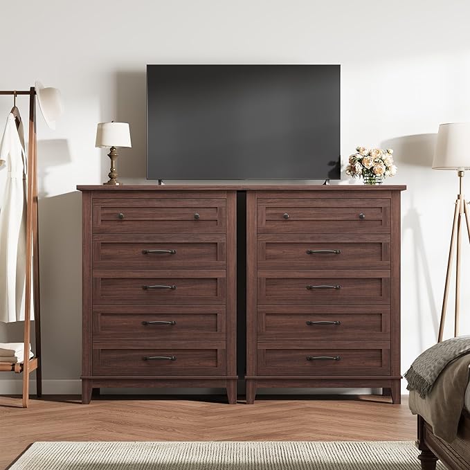 GarveeHome 5 Dresser for Bedroom, 41.3" Tall Vertical Drawer Dresser with Large Storage, Freestanding Wooden Closet Chest for Bedroom, Living Room, Walunt