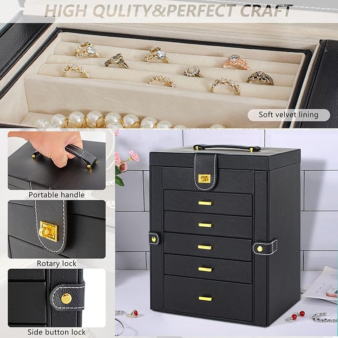AKOZLIN Large Jewelry Box Organizer Functional Lockable with Big Mirror, Leather Jewelry Storage Case for Women Girls Ring Necklace Earring Bracelet Holder Organizer