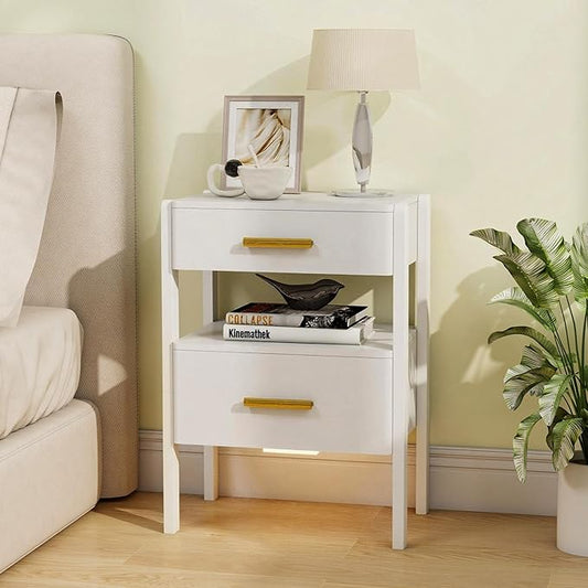 Nightstand with 2 Drawers and Open Shelf Wood Bedside Table Gold Handles Storage Night Stand with Light for Bedroom, White