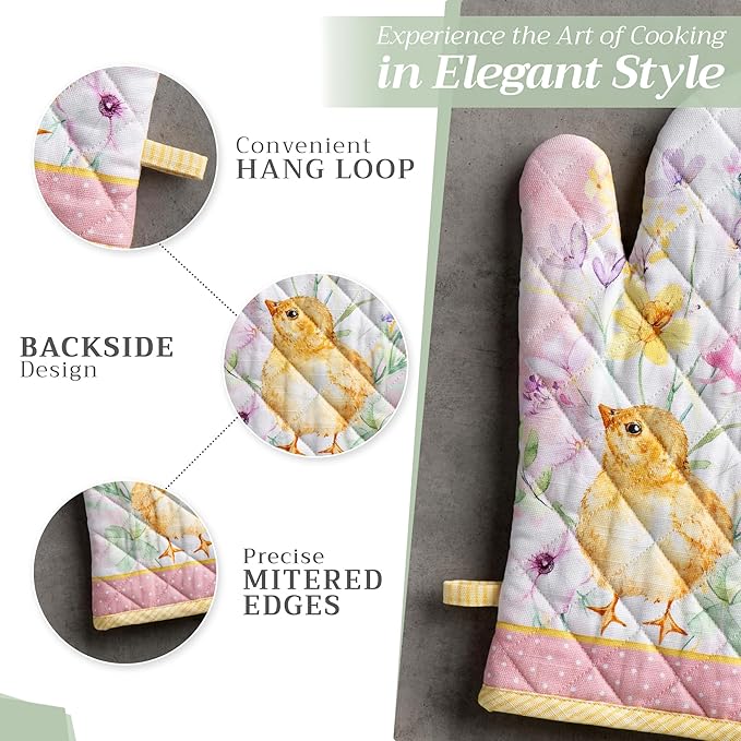 Maison d' Hermine 100% Cotton Oven Mitt & Pot Holder Set (7.5"x13" & 8"x8") Heat Resistant BBQ Cooking Gloves with Loop, Baking, Grilling, Kitchen, Handling Hot Pans Spring/Summer (Easter Zest)