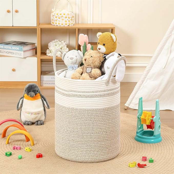 40L Woven Laundry Basket Hamper, 100% Natural Cotton Rope, Handwoven & Durable, Storage for Blankets, Toys, Clothes, Decorative Nursery Hamper for Living Room, Baby Room, Bedroom (Brown with White)