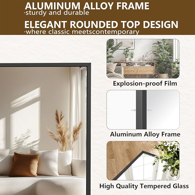 Koonmi Large Mirrors, 64"x21" Full Length Mirror with Stand, Full Body Mirror with Aluminum Alloy Frame, Hanging or Leaning Against Wall Floor Standing Mirrors for Bedroom Living Room, Black