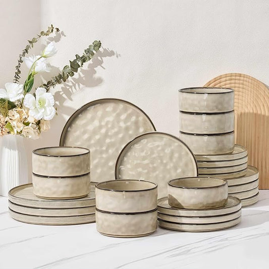 Herogo Plates and Bowls Dinnerware Sets for 8, 24 Pieces Stoneware Dishes Sets, Dinning Dishes for Kitchen, Dishwasher & Microwave Safe, Cream Khaki