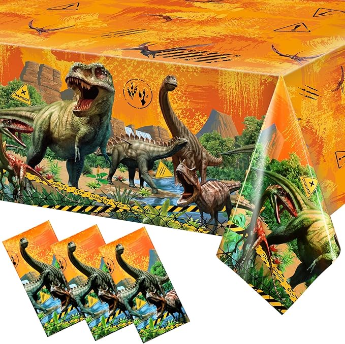 Tiamon 3 Pcs Dinosaur Tablecloth Dinosaur Party Table Covers Plastic Tablecloth for Kids Adults Birthday Party Picnic Supplies 54 x 108 Inch (Yellow)