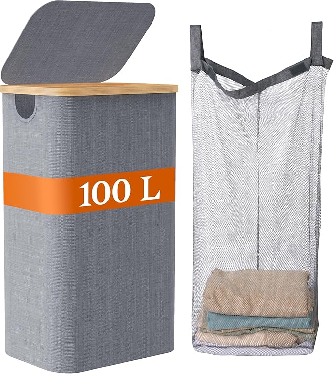 Laundry Hamper with Lid, Large Tall Clothes Basket Bin with Bamboo Handles, Collapsible Laundry Hamper for Bedroom, Bathroom, Dorm, Laundry Room, 100L Grey
