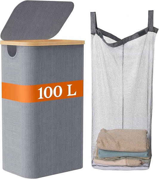 Laundry Hamper with Lid, Large Tall Clothes Basket Bin with Bamboo Handles, Collapsible Laundry Hamper for Bedroom, Bathroom, Dorm, Laundry Room, 100L Grey