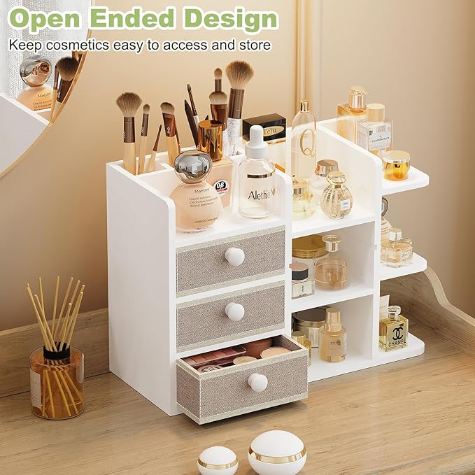 Bamboo Makeup Organizer Countertop With Brush Holder Drawer For Vanity,Large Bathroom Counter Organizers And Storage,Cosmetic Skincare Perfume Organizer,Easy To Store Nail Polish, Lipstick, Eyeshadow