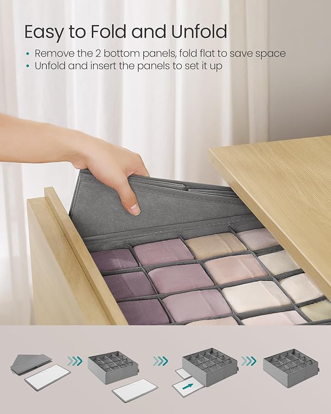 SONGMICS Set of 6 Underwear Organizers, Drawer Organizers, Dresser Closet Storage, 120 Cells (3x16+3x24), Foldable Dividers, 11.8 x 11.8 x 3.9 Inches, for Socks, Ties, Belts, Dove Gray URUS011G02