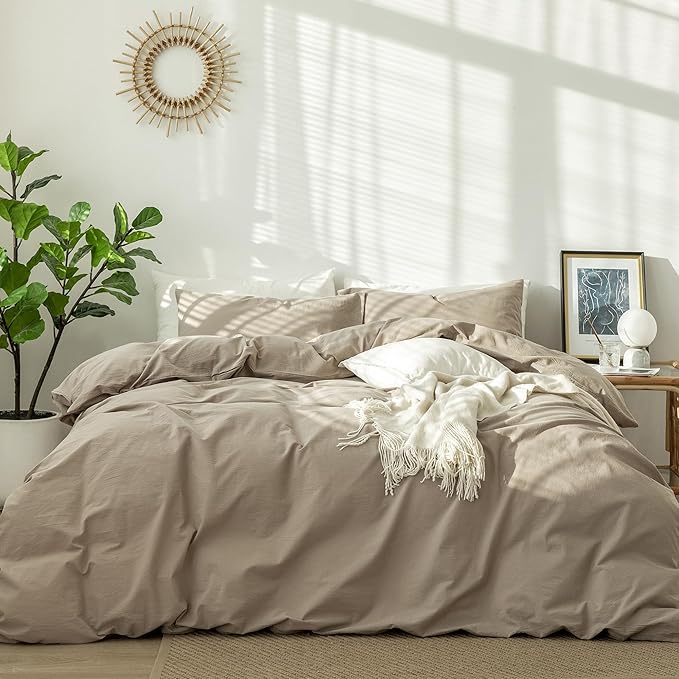 MooMee Bedding Duvet Cover Set 100% Washed Cotton Linen Like Textured Breathable Durable Soft Comfy (Solid Light Camel, Palatial King/Oversized King 120"x98")