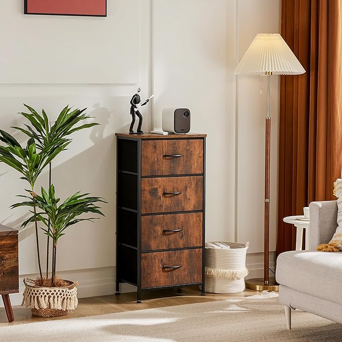 DUMOS Dresser for Bedroom 4 Drawers, Tall Fabric Closet Chests Organizer Tower Furniture with Wooden Top Metal Frame for Nursery, Living Room, Closet, Brown