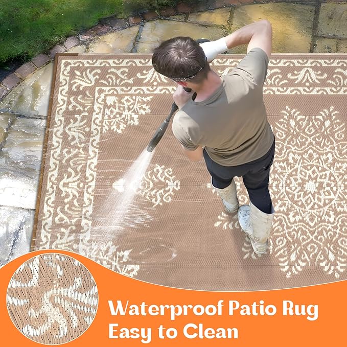 Yamaziot Outdoor Rug 5x8 Ft, Waterproof Plastic Straw Patio Rug, Reversible Backyard Carpet UV Resistant Portable RV Mat Clearance, Large Indoor Outdoor Rug for Patio, Porch, Deck, Balcony, Brown