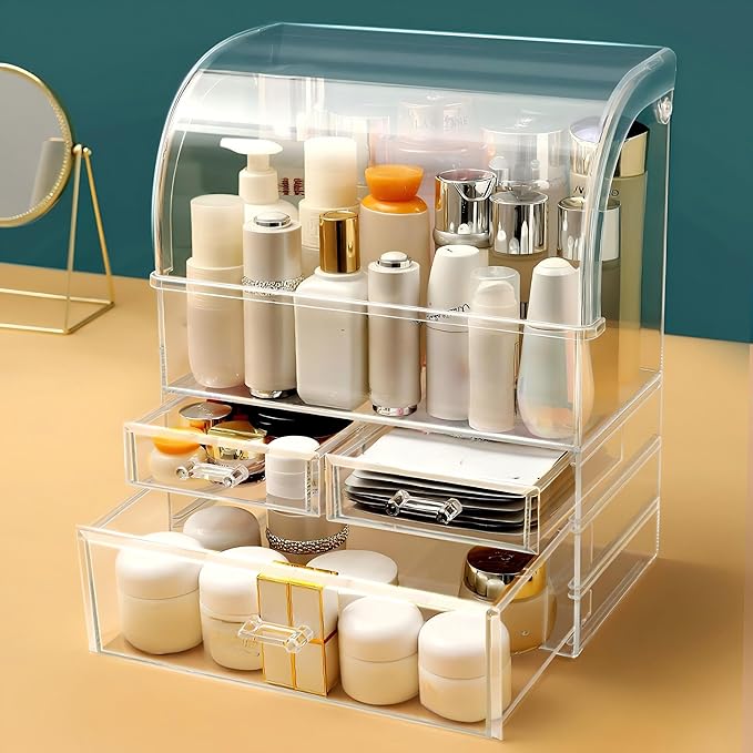 Large Acrylic Makeup Organizer With Lid Portable Dustproof And Waterproof Cosmetic Storage Drawers Box For Women (Clear, 12.5in x 9.5in x 6.3in)