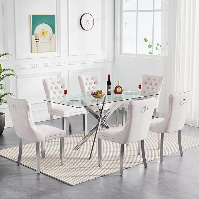 Goujxcy Glass Dining Table Set for 6, Modern Kitchen Table and Chairs Set of 6, 7-Piece Kitchen Dining Room Table Set w/61 Glass Silver Dining Table and 6 Beige Velvet Upholstered Chairs