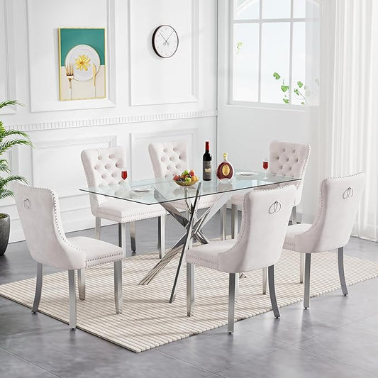 Goujxcy Glass Dining Table Set for 6, Modern Kitchen Table and Chairs Set of 6, 7-Piece Kitchen Dining Room Table Set w/51 Glass Metal Dining Table and 6 Beige Velvet Upholstered Chairs