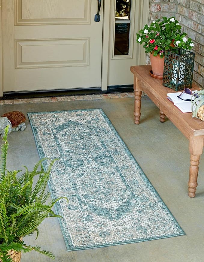 Unique Loom Outdoor Traditional Collection Area Rug - Valeria (2' x 7' 10" Runner, Aqua/ Ivory)