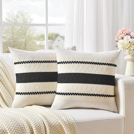Fancy Homi Set of 2 Boho Black Euro Decorative Throw Pillow Cover 26x26 Inch for Couch Bed Bedroom, Aesthetic Modern Organic Farmhouse Room Decor, Soft Cotton Accent Macrame Woven Cushion Case