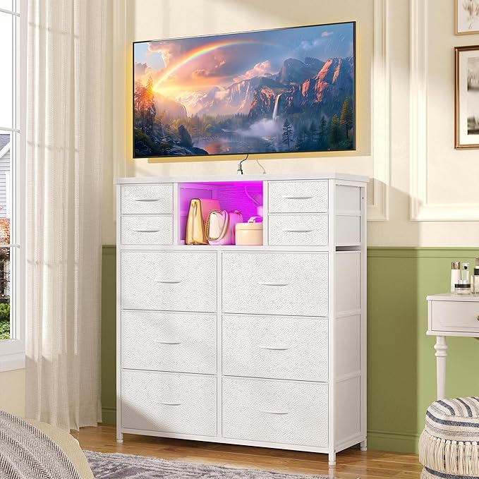 White Dresser for Bedroom with 10 Drawers and Charging Station & LED Light, Sturdy Tall Chest of Drawers with 2 Open Storage Shelves Storage Tower for Closet, Hallway