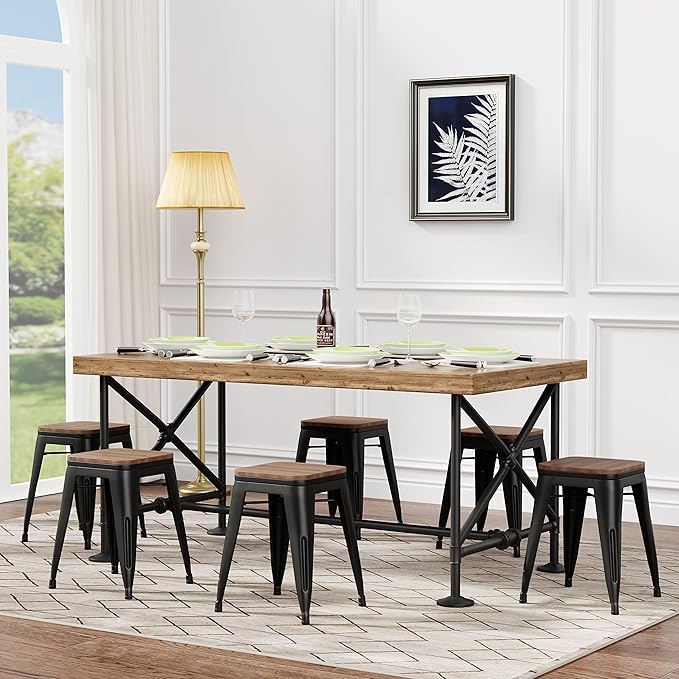 Andeworld 18 Inch Stools Set of 4,Industrial Metal Dining Chair with Wooden Seat,Short Kitchen Bar Stools Stackable Stools for School,Classroom, Matte Black