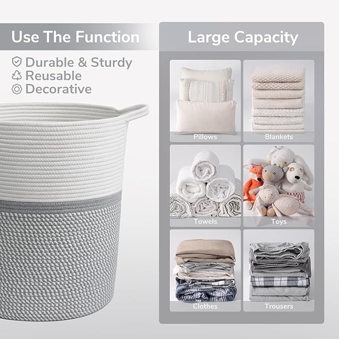 INDRESSME Baby Laundry Basket for Nursery, Kids Laundry Hamper, Tall Storage Basket for Living Room, Rope Basket for Blankets, Clothes, 17¾ x 15¾ x 13¾ inches, Grey