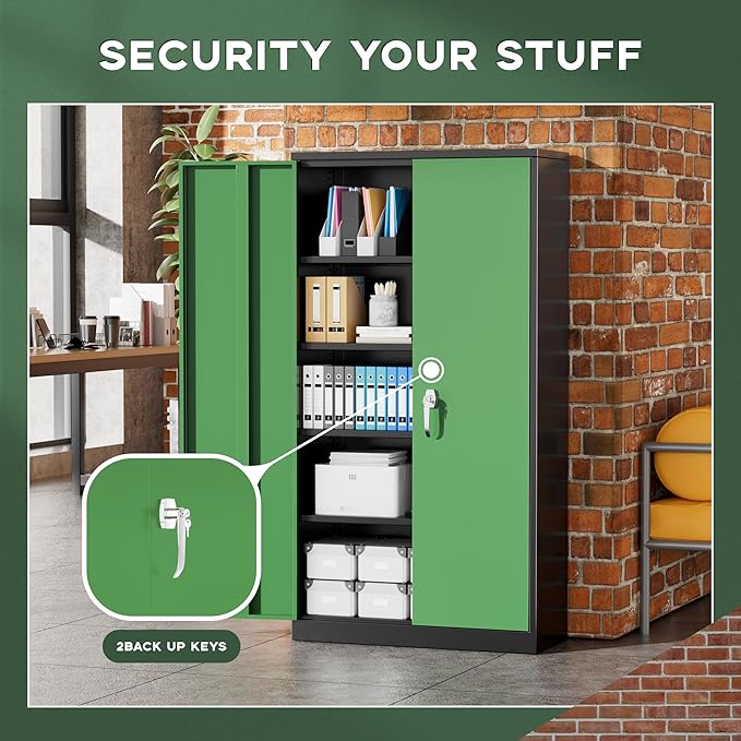 Greenvelly Metal Garage Storage Cabinet with Doors and Adjustable Shelves,72" Steel Lockable File Cabinet for Home Office,Garage,School(Black Green,32" W x 16" D)