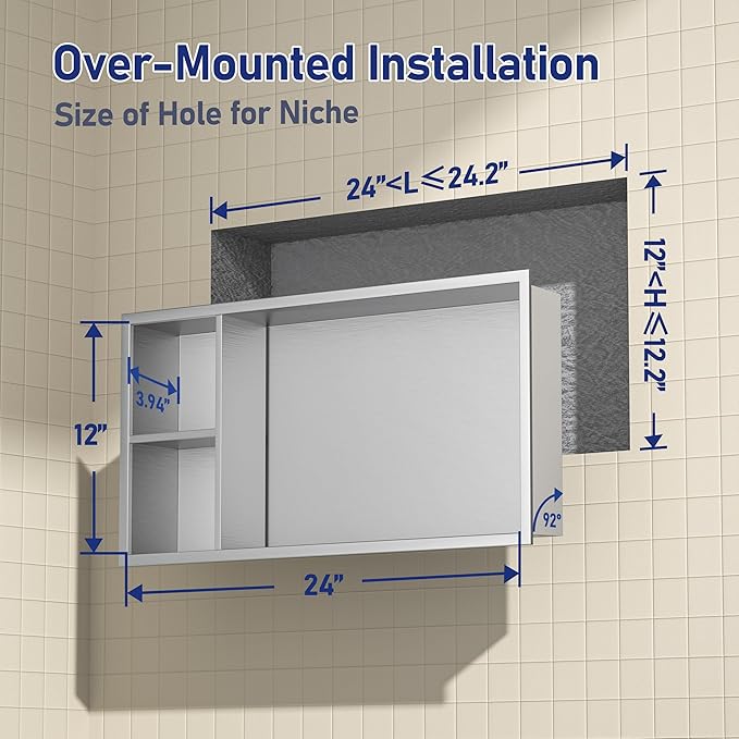 Stainless Steel Shower Niche 24" X 12" Brushed No Tile Needed Wall Niche with Shelf Recessed Horizontal Niches for Bathroom Storage Over Mount Installation