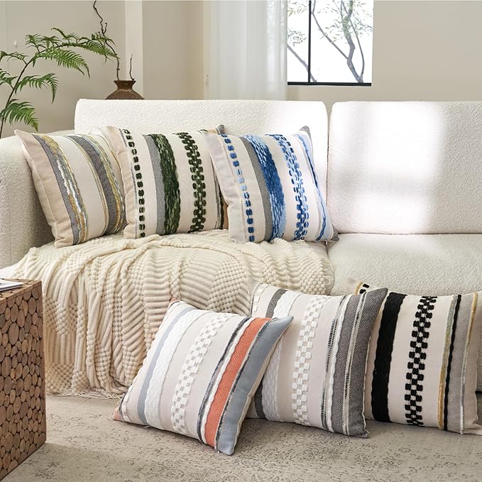 Aeckself Boho Throw Pillow Covers 18x18 Inch Set of 2, Farmhouse Decorative Striped Square Pillow Covers Chenille Tufted Pillow Cases Accent Neutral Pillowcase for Living Room Couch Bed, Black