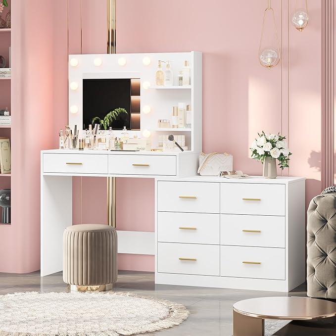 61" Vanity Desk with Mirror & Lights, White Makeup Dressing Table with 8 Drawers & 2 Shelves, 3 Lighting Modes with Adjustable Brightness for Bedroom, White