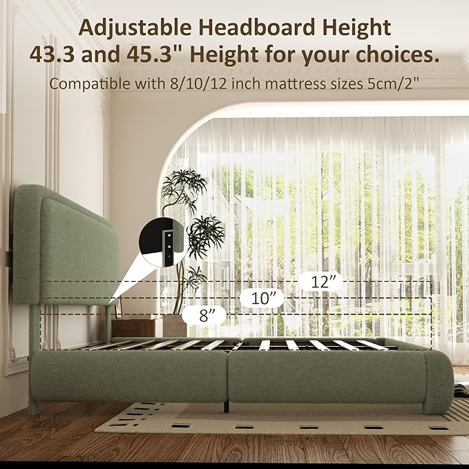 Full Bed Frame, Teddy Velvet Boucle Bed Frame with 43.3"/45.3" Adjustable Upholstered Headboard, Rounded Corners, Mattress Foundation, No Box Spring Required, Green