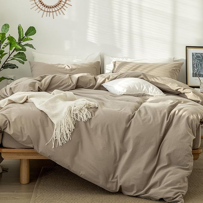 MooMee Bedding Duvet Cover Set 100% Washed Cotton Linen Like Textured Breathable Durable Soft Comfy (Solid Mocha Brown, Palatial King/Oversized King 120"x98")