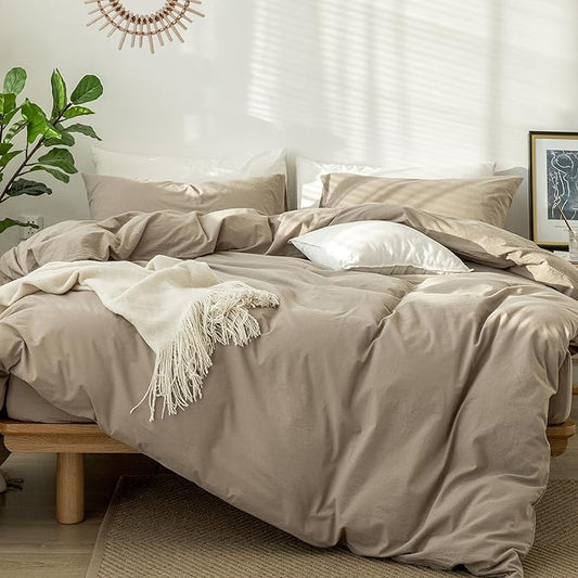 MooMee Bedding Duvet Cover Set 100% Washed Cotton Linen Like Textured Breathable Durable Soft Comfy (Solid Mocha Brown, Palatial King/Oversized King 120"x98")