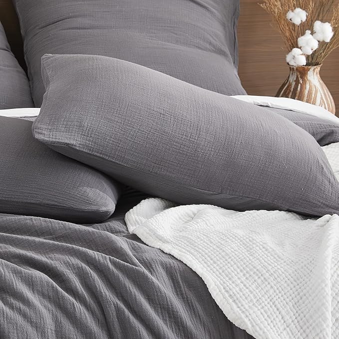 EMME Muslin Cotton Duvet Cover Set Dark Grey Twin Size Linen Like Soft Breathable Lightweight Summer Comforter Cover Set with Zipper Closure (Dark Grey, Twin, 68"x90")