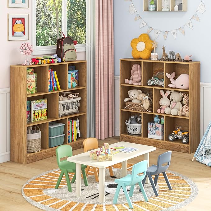 Costzon Wooden Toy Storage Organizer, 8-Cube Kids Bookshelf w/ 2 Anti-Toppling Kits, 3 Tier Open Shelves & Non-Slip Foot Pads, Book Shelf for Kids Rooms, Playroom, Classroom, Nursery (Natural)