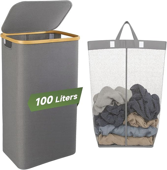 Collapsible Hampers for Laundry Basket with Lid - Extra Large 100L/26 Gallon Foldable Laundry Hamper, Portable Storage Bin for Dorm & Gym | Sturdy Dirty Clothes Hamper with Carrying Handles, Gray