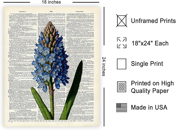 Poster Master Dictionary Art Poster - Blue Hyacinth Print - Flower Art - Floral Art - Gift for Men, Women & Florist - Minimal Decor for Bedroom, Office, Dorm or Flower Shop, 18x24 Unframed Wall Art