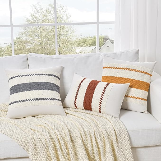 Fancy Homi Set of 2 Neutral Grey Farmhouse Decorative Throw Pillow Covers 16x16 Inch for Couch Bed Chair Indoors, Vintage Country Rustic Retro Room Decor, Soft Thick Cotton Handmade Woven Cushion Case