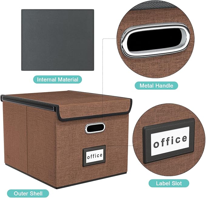 Huolewa Upgrade Portable File Organizer Box with Lid,Large Linen Hanging Office Document Storage Box with Lid,Collapsible Filing&Storage Box for Office/Decor/Home-14.9x12.7x10.8in,1pk-without folders