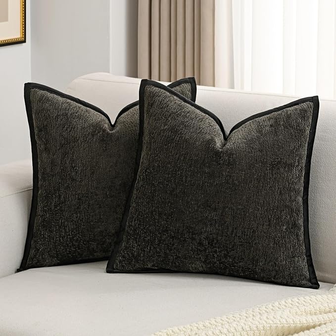 FUTEI Black Chenille Throw Pillow Covers 24x24 Inch Set of 2,Soft Cozy Bound Edge Design European Cushion Cover,Home Decor for Couch Bed Living Room