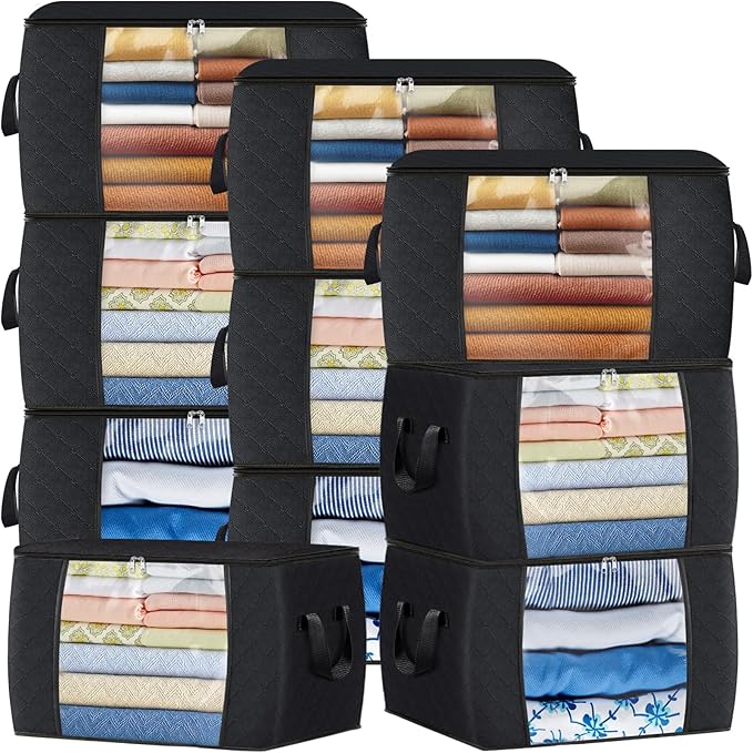 Fab totes 90L Clothes Storage, Foldable Thick Fabric Blanket Storage Bags, Containers for Organizing Bedroom, Closet, Clothing, Comforter, Organization with Handle (10 Pack,Black)