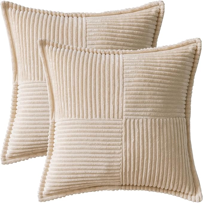 MIULEE Decorative Euro Sham Throw Pillow Covers for Couch Bed Livingroom 22x22 Inch Set of 2 Beige Boho Accent Throw Pllows Broadside Striped Patchwork Soft Corduroy Pillowcases