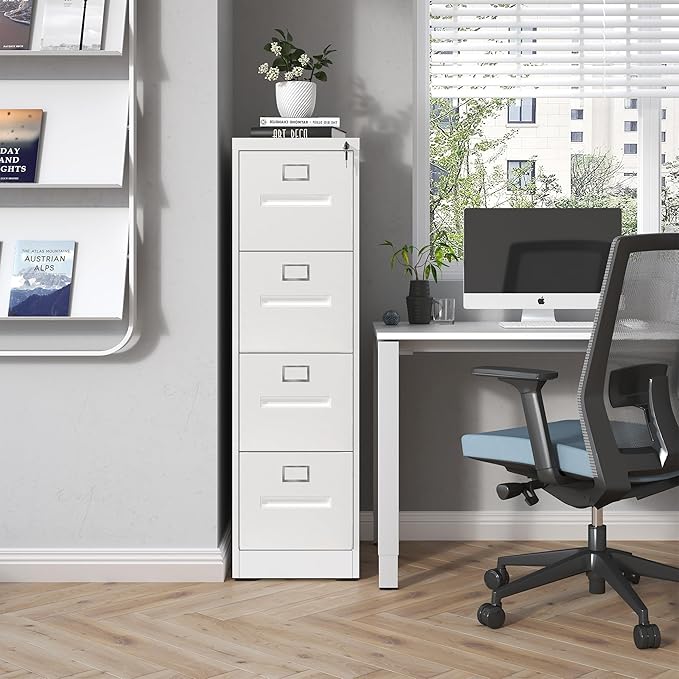 4 Drawer File Cabinet with Lock, Metal Filing Cabinets for Home Office, Vertical Narrow File Cabinet Lockable Steel Storage Cabinets for Letter/Legal/F4/A4 Size, Assembly Required(White)