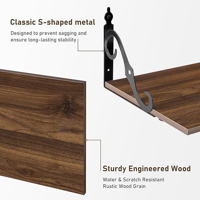 Deep Floating Shelves, 16" W x 12" D Wall Shelves Set of 2, Wide Display Shelf Wall Mounted with Brackets, Bookshelf for Living Room, Bathroom, Bedroom, Walnut