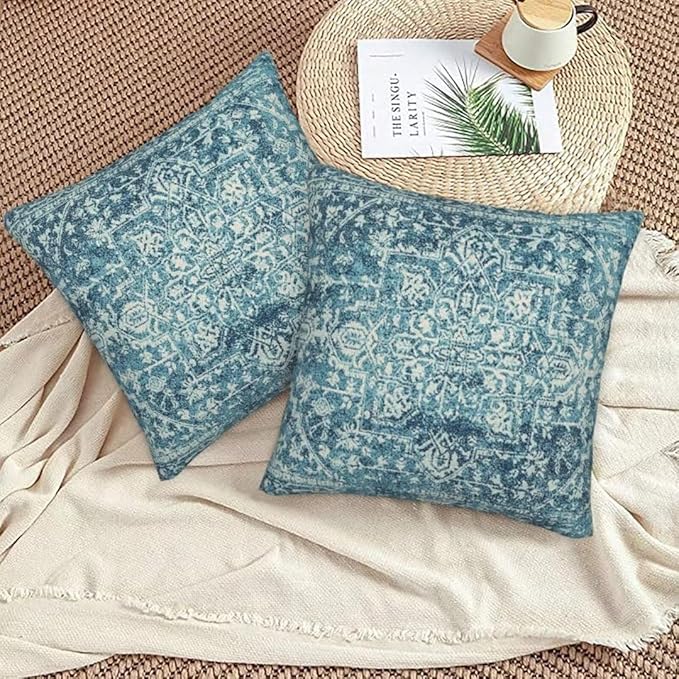 Teal Boho Pillow Covers 20x20 Set of 2, Bohemian Carpet Pattern Outdoor Decorative Throw Pillows Linen Ethnic Design Rustic Farmhouse Cushion Cases for Couch Sofa Decor