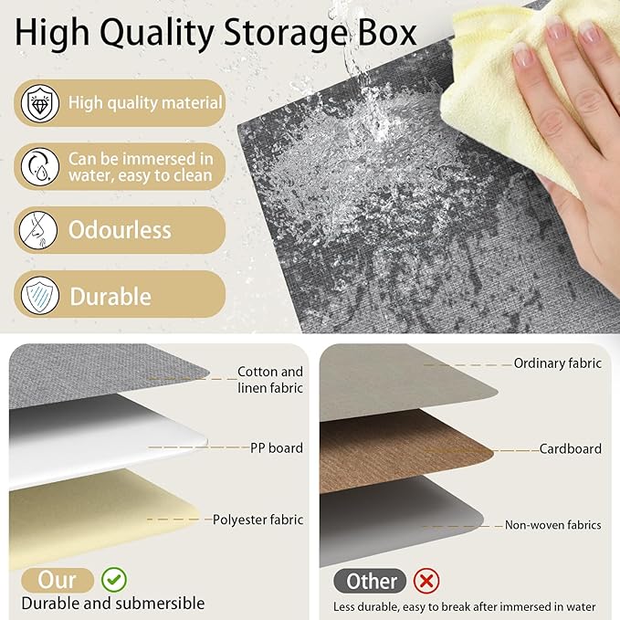 Yawinhe Foldable Storage Baskets for Shelves, Fabric Closet Organizers, Bins with 3 Handles, Cubes for Clothes, White/Grey, 15''Lx9.8''Wx8.3''H, 2-Pack