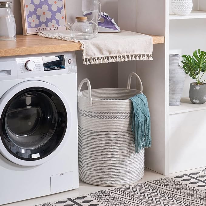 Woven Rope Laundry Hamper Basket, 58L Tall Luandry Basket, Baby Nursery Hamper for Blanket Storage, Clothes Hamper for Laundry in Bedroom-Large-Stripe White