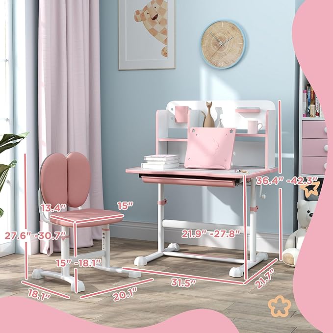Qaba Kids Desk and Chair Set, Height Adjustable Kids School Study Desk and Chair Set with Tilt Desktop, Storage Drawer and Reading Rack for Writing, Reading and Drawing, Pink