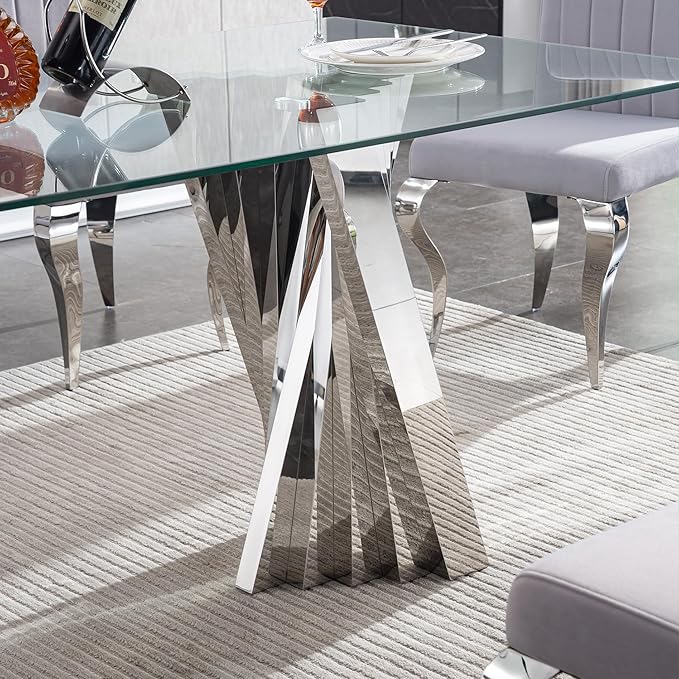Goujxcy Modern 7 Piece Glass Dining Table Set Luxury Glass Kitchen Table and Chair Set for 6, 70" Large Rectangular Dining Room Table with 6 Tufted Chairs and Stainless Steel Legs (Silver & Beige)